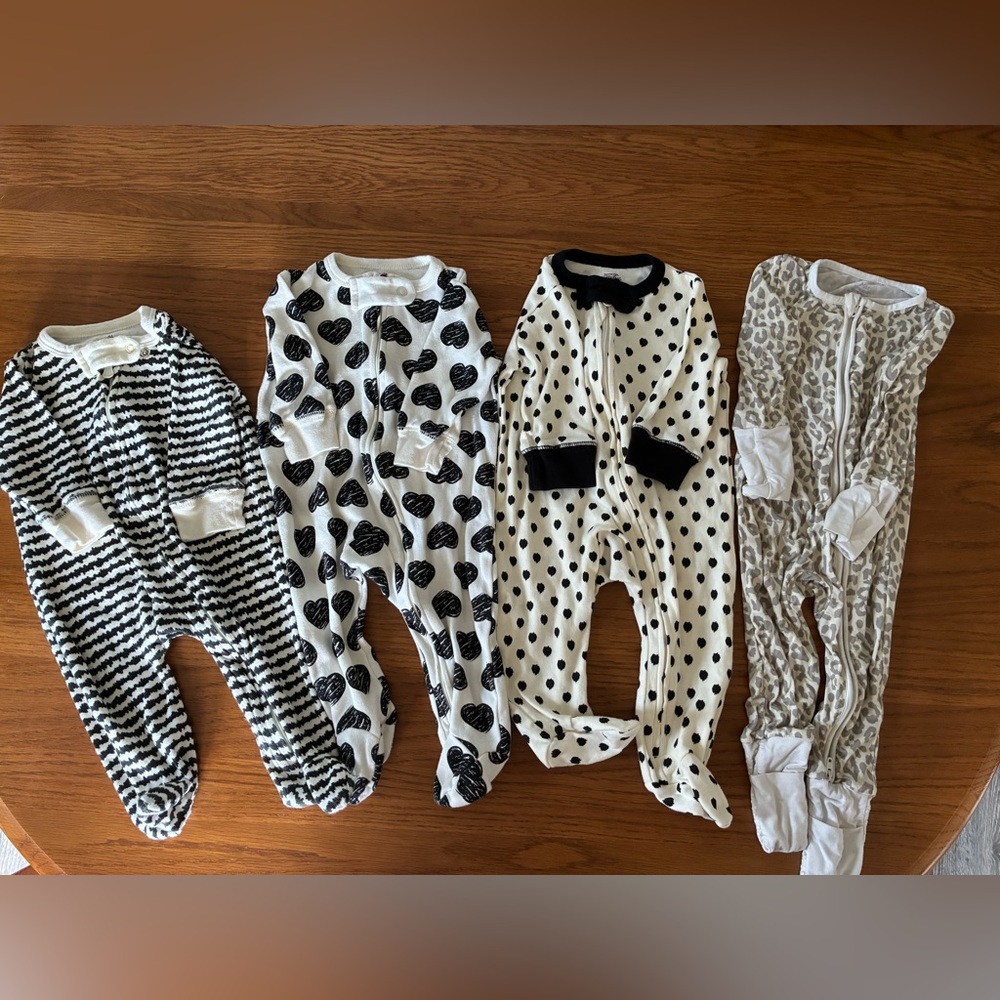 Lot of 4 Touched by Nature Onesies in Black, White, Cream- 3-6 months